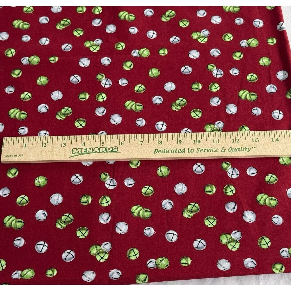 Christmas Jingle Bells Maroon Fabric Green Silver Bells Quilt Cotton Xmas 52